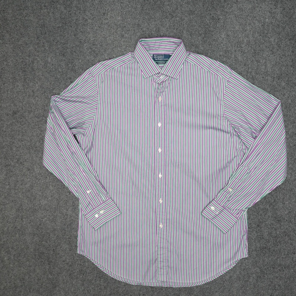 Polo Ralph Lauren Shirt Men XL 16.5 Purple Classic Fit Striped Dress Button Down